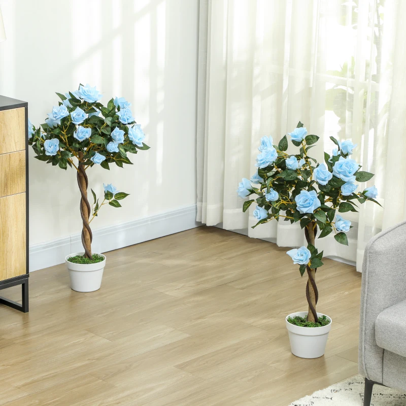 Outsunny Set of 2 Artificial Plants White Rose Floral in Pot, Fake Plants for Home Indoor Decor, 90cm, Light Blue
