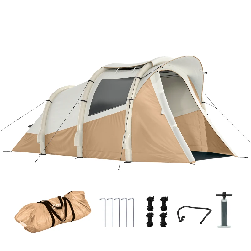 Outsunny Inflatable Camping Tent w/ Air Pump, Easy Setup 2-3 Person Blow Up Tent, Khaki