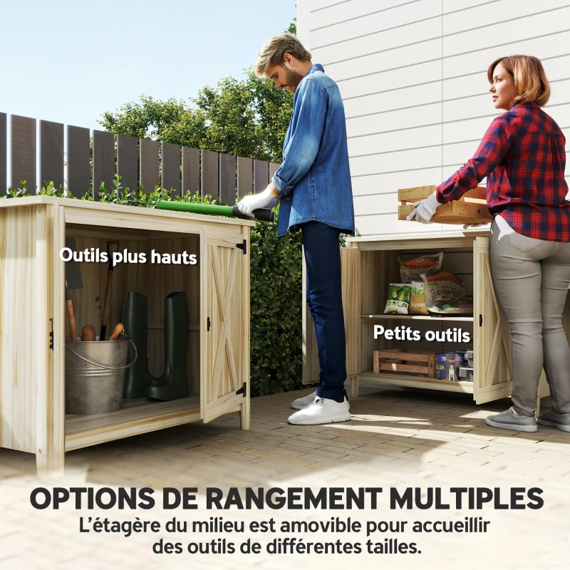 Outsunny Armoire de jardin en bois, placard de jardin en bois avec étagères et double portes, 110 x 60 x 88,5 cm, bois naturel