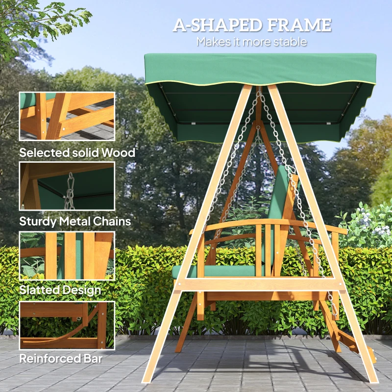 Outsunny 3 Seater 2-in-1 Wooden Garden Swing Seat Swing Chair Outdoor Convertible Hammock Bench Furniture Lounger Bed Wood, Dark Green