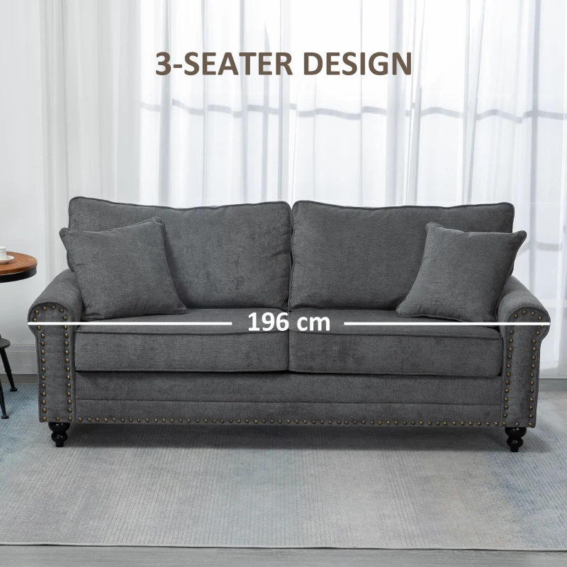 HOMCOM 196cm 3 Seater Sofa, Fabric Sofa with Rubber Wood Legs, Nailhead Trim, 2 Pillows, Small Upholstered Couch Settee for Living Room, Guest Room, Grey