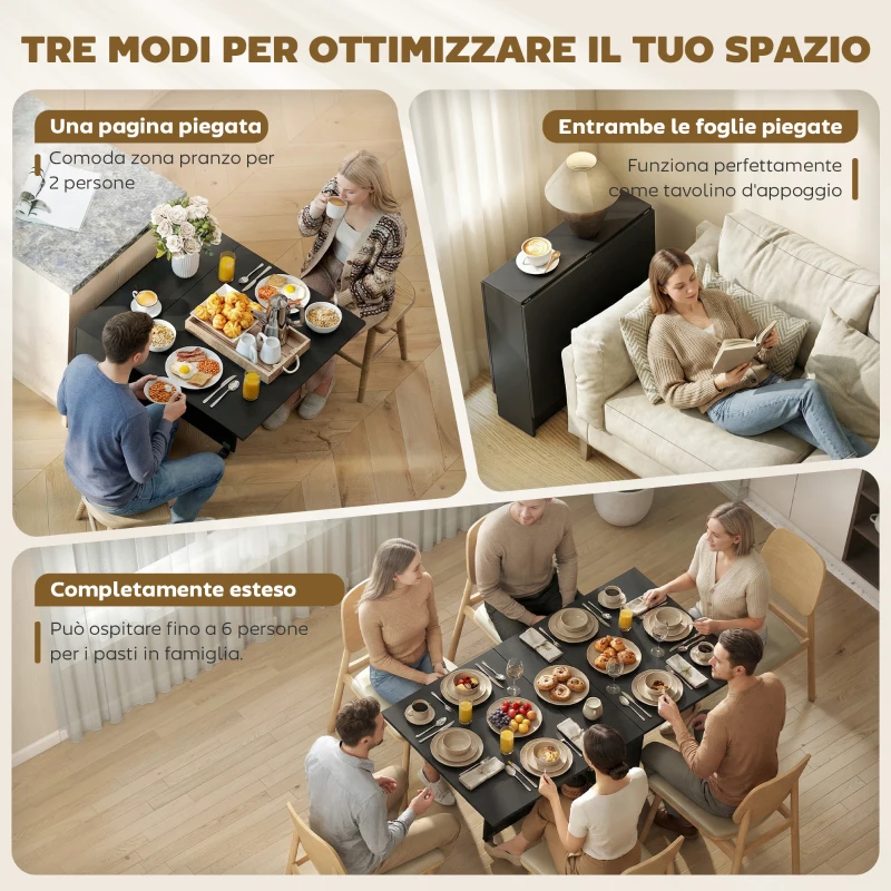 HOMCOM Tavolo Pieghevole in Legno per 4-6 Persone con Ruote, 75x140x74cm, Nero