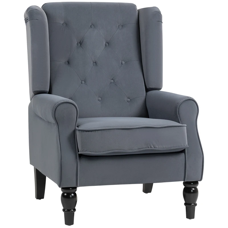 HOMCOM Wingback Accent Chair, Retro Upholstered Button Tufted Occasional Chair for Living Room and Bedroom, Grey