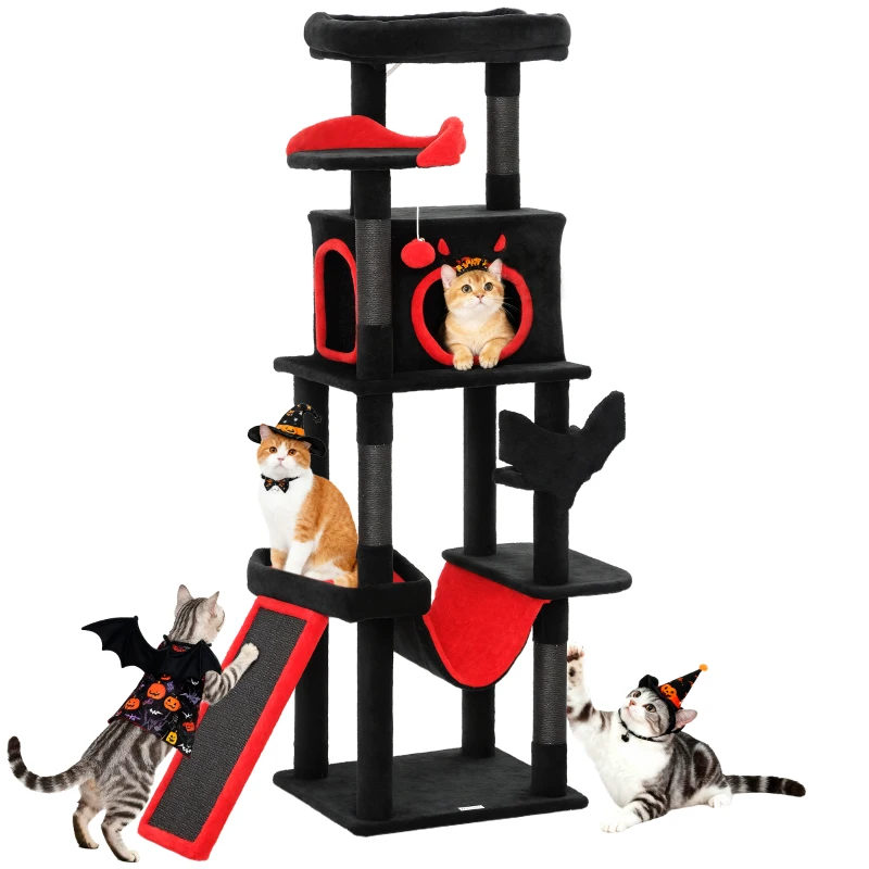 PawHut Gothic Cat Tree, 152 cm Multi-Level Cat Tower for Large Cats with Coffin Bed, Large Condo, for Halloween