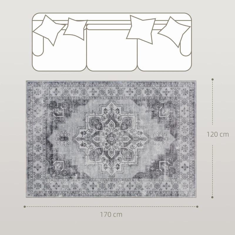 HOMCOM Vintage Area Rug, Non-Slip Washable Rug, Flannel Floor Carpet for Living Room, Bedroom, Dining Room, Home Office, 170 x 120 cm, Grey