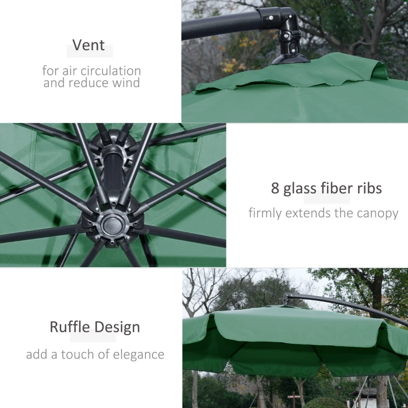 Outsunny 2.7m Garden Banana Parasol Cantilever Umbrella with Crank Handle and Cross Base for Outdoor, Hanging Sun Shade, Green