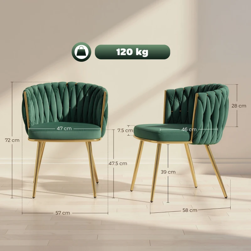 HOMCOM Velvet-Feel Dining Chairs Set of 2, Modern Upholstered Armchair with Knot Design and Golden Metal Legs, Accent Chair for Dining Room, Bedroom, Kitchen, Living Room, Dark Green