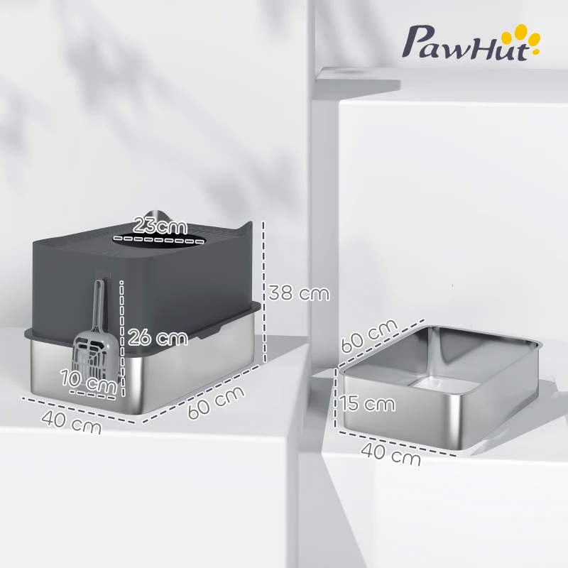 PawHut Stainless Steel Cat Litter Tray, Extra Large Enclosed Litter Box with Scoop, Top Entrance, Non-slip Pads, Dark Grey