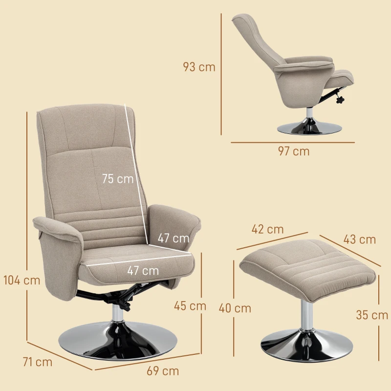 HOMCOM Swivel Recliner Chair with Footstool, Velvet Recliner Armchair with Ottoman, Steel Base, Upholstered Reclining Chair for Living Room, Bedroom, Office, Beige