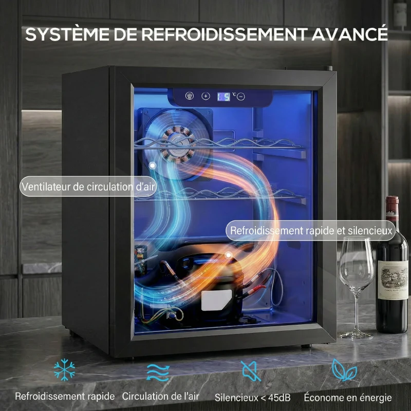 HOMCOM Cave à vin 16 bouteilles 48L, réfrigérateur à vin et boissons avec température réglable 4-16 °C, porte réversible, noir