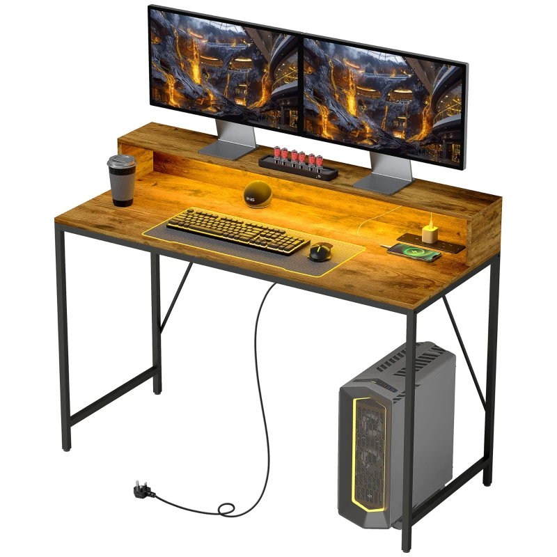HOMCOM 120cm Computer Desk with LED Lights and Power Outlets, Gaming Desk with Monitor Stand, Computer Table with Remote for Home Office Study, Rustic Brown