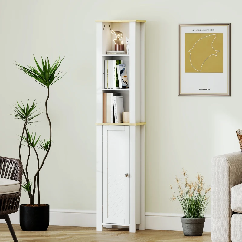 kleankin Slim Bathroom Storage Unit with Open Compartment, Bathroom Storage Cabinet with Adjustable Shelf, 34 x 23 x 165 cm, White