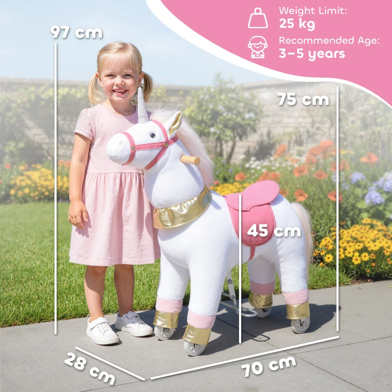 AIYAPLAY Kids Rocking Horse, Plush Walking Horse with Wheels, Ride On Unicorn Toy for Ages 3-5 Years Old, White