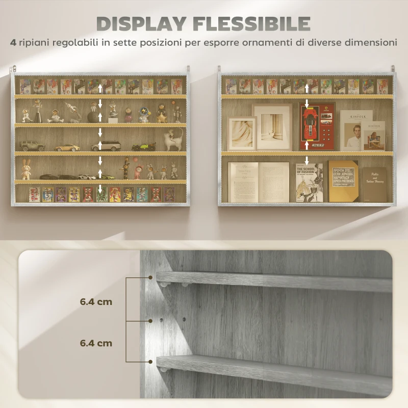 HOMCOM Vetrina per Collezionismo a 4 Ripiani Regolabili in Legno con Ante in Vetro, 80x9.5x60 cm, Grigio