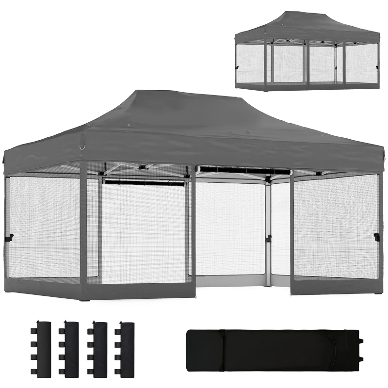 Outsunny 3 x 4.5 m Pop Up Gazebo with Mesh Nettings, UPF50+ Heavy Duty Outdoor Garden Party Tent Marquee, Dark Grey