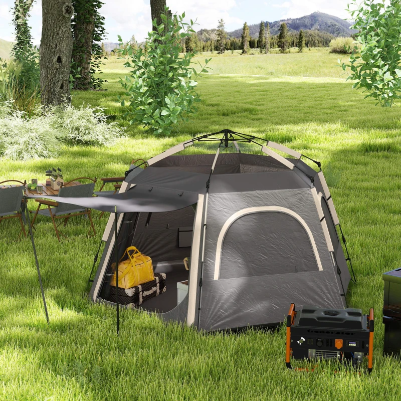 Outsunny Instant Pop Up Camping Tent, 2/3/4 Person Easy Setup Dome Family Tent with Vestibule, Rainfly, 4 Mesh Windows & 2 Doors, Hexagonal Design, Waterproof & UV Protected, Dark Grey