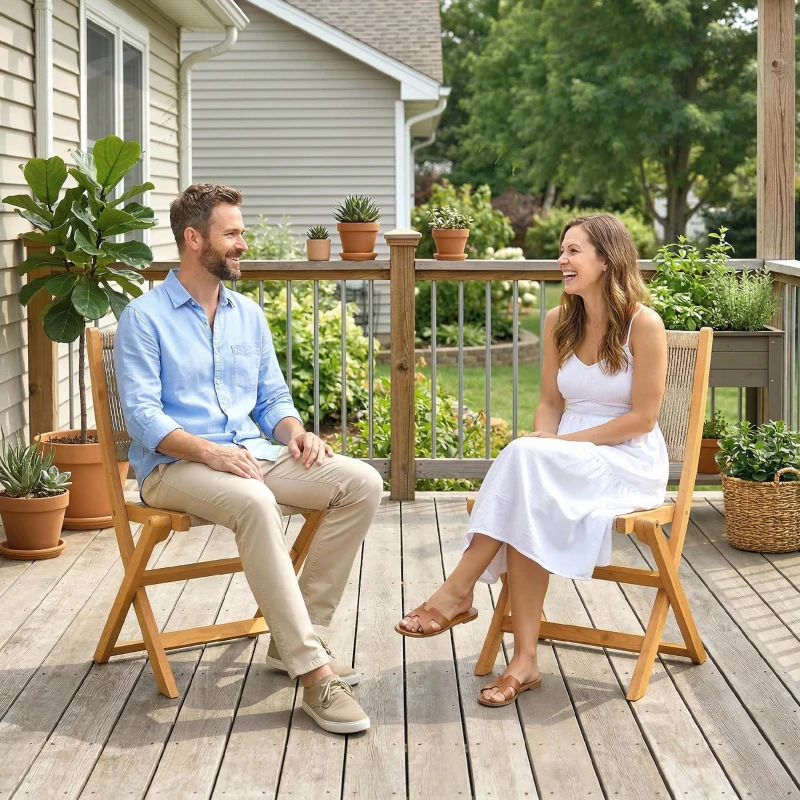 Outsunny Lot de 2 Chaises de Jardin Pliantes Chaises de Balcon en Bois d'Acacia FSC Assise en Corde Tressée Naturel et Beige