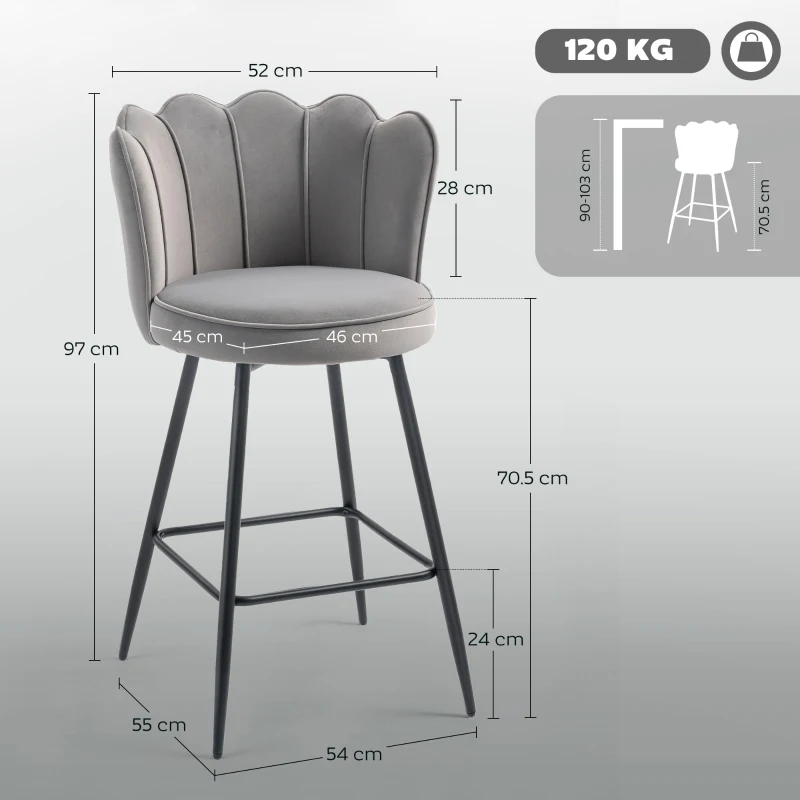 HOMCOM Set of Two Velvet-Feel Lotus Bar Stools - Grey