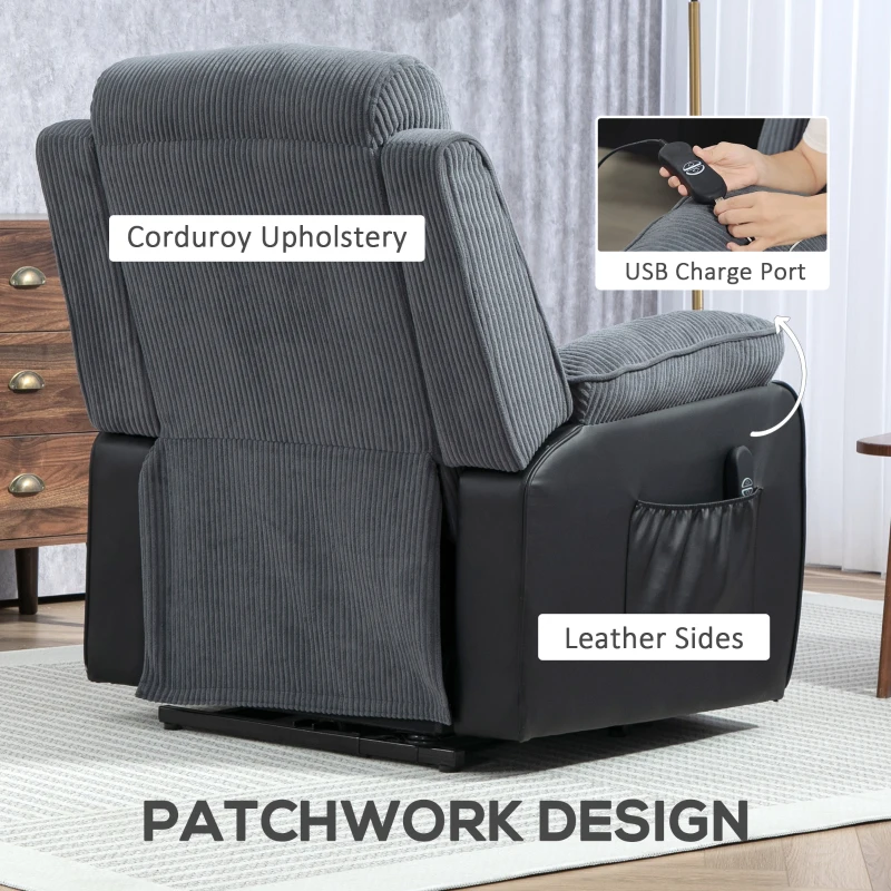 HOMCOM Overstuffed Corduroy Electric Lift Recliner Chair - Dark Grey