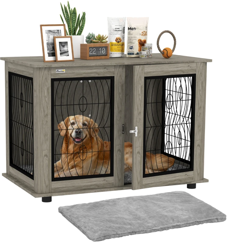 PawHut Indoor Dog Crate Furniture End Table with Soft Washable Cushion, Lockable Front Door, for Extra Large Dogs - Grey