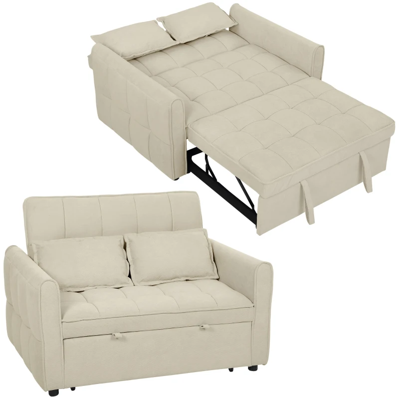 HOMCOM 2 Seater Sofa Bed, 3-in-1 Convertible Sleeper Sofa with Click-clack Adjustable Backrest and 2 Pillows, Light Brown