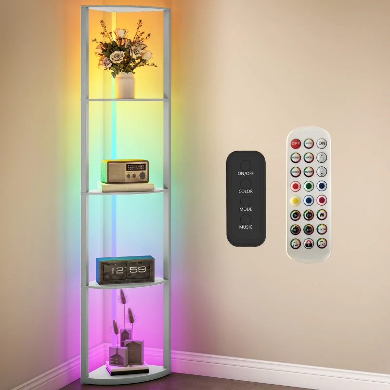 HOMCOM RGB LED Floor Lamp with Shelves, 5-Tier Dimmable Standing Lamp with Adjustable Brightness and Remote Control, Modern Corner Display Shelf Unit for Living Room Bedroom Office, Grey