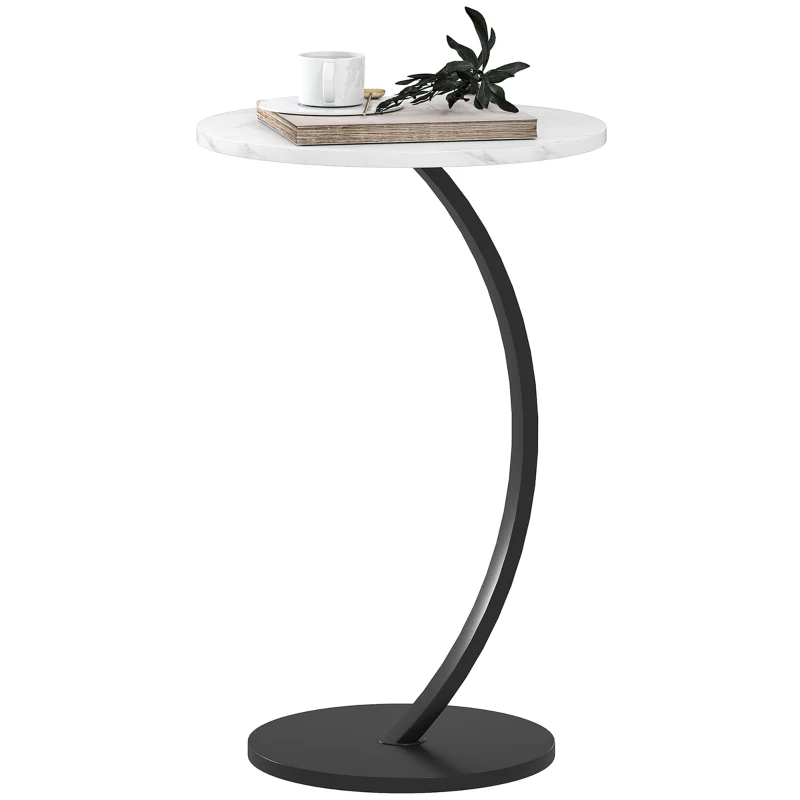 HOMCOM C Shaped Side Table, Round Bedside Table with Marble Effect Top, Modern Coffee Table Sofa End Table with Metal Frame for Living Room Bedroom Office, White