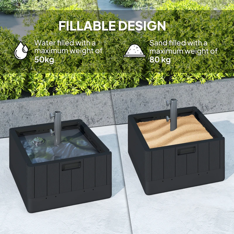 Outsunny Garden Parasol Base Outdoor Umbrella Stand with Wheels Handles, Garden Umbrella Base, Filled Up to 80kg with Stand or 50kg with Water for 38, 48 mm Poles, Black