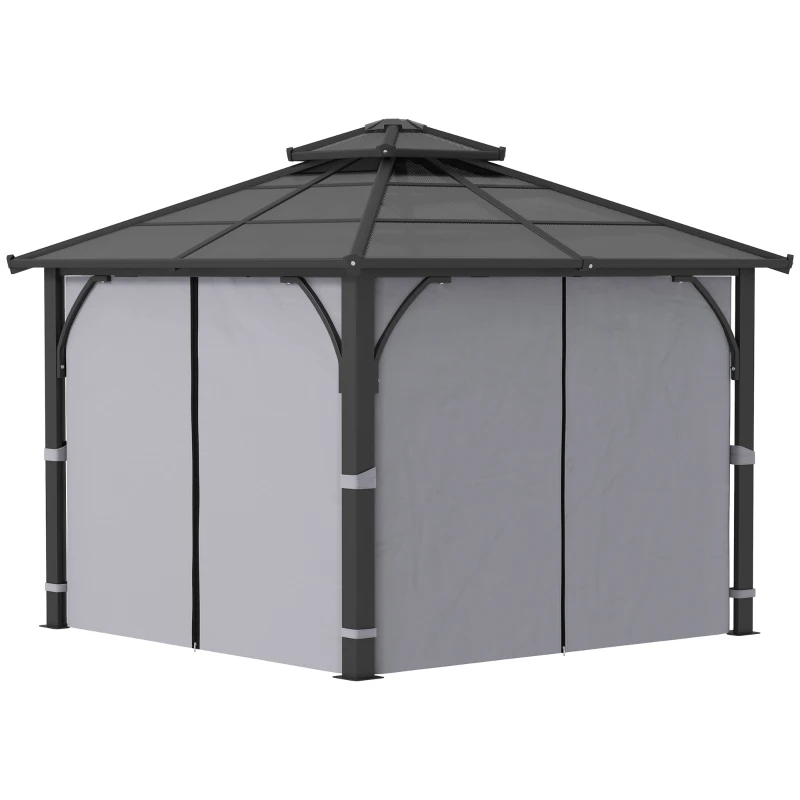Outsunny 3 x 3(m) Hardtop Gazebo Canopy with 7mm Polycarbonate Double-Tier Roof, Garden Gazebo Permanent Pavilion with Mosquito Netting and Curtains for Patio, Terrace, Dark Grey