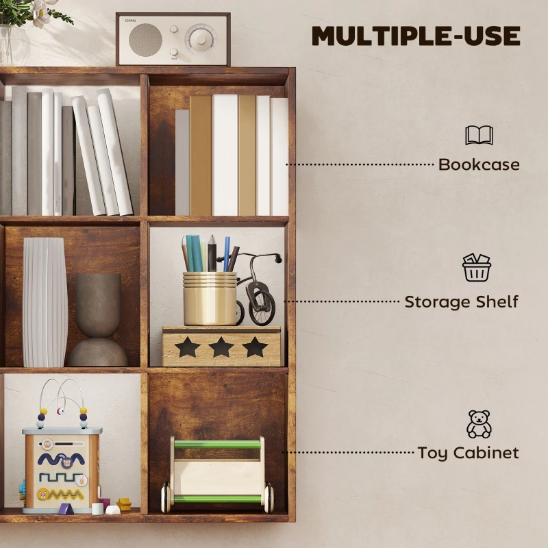 HOMCOM 3-tier 9 Cubes Storage Unit Particle Board Cupboard Bookcase Organiser Home Office Shelves, Rustic Brown