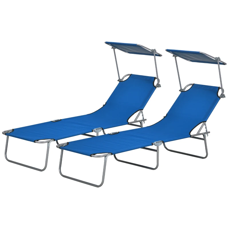 Outsunny Folding Sun Lounger Set of 2 with Canopy, Reclining Sunbed with 4-Position Adjustable Backrest, 600D Oxford Cloth, Portable Garden Lounger Recliner Chair for Beach, Camping, Patio, Blue