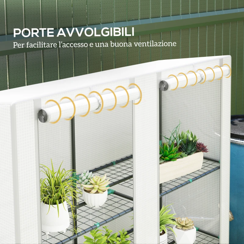 Outsunny Serra da Giardino con 2 Porte Avvolgibili, Scaffale a 3 Ripiani e Tasche Laterali, Bianco e Grigio