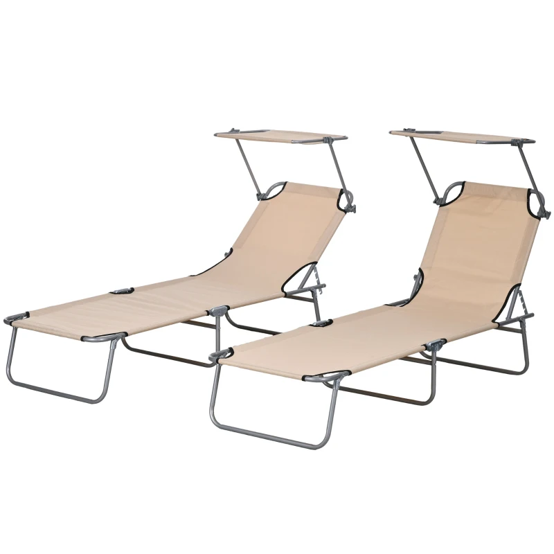 Outsunny Folding Sun Lounger Set of 2 with Canopy, Reclining Sunbed with 4-Position Adjustable Backrest, 600D Oxford Cloth, Portable Garden Lounger Recliner Chair for Beach, Camping, Patio, Sand