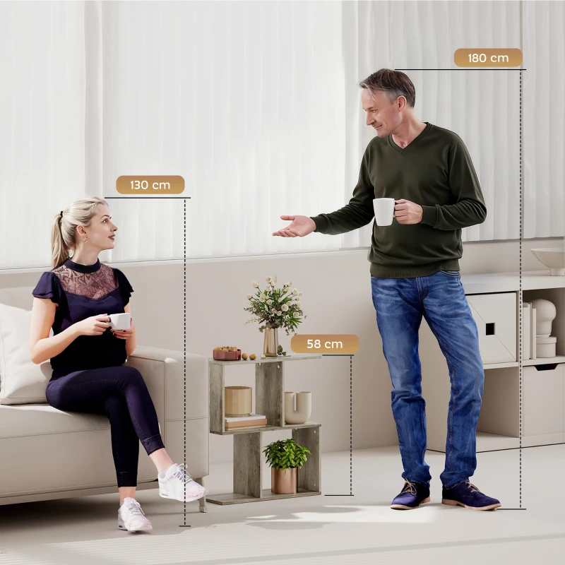 HOMCOM Side Table, Narrow End Table with Storage Shelves, S-Shaped, 3-Tier, 50W x 19.5D x 58H cm, Grey