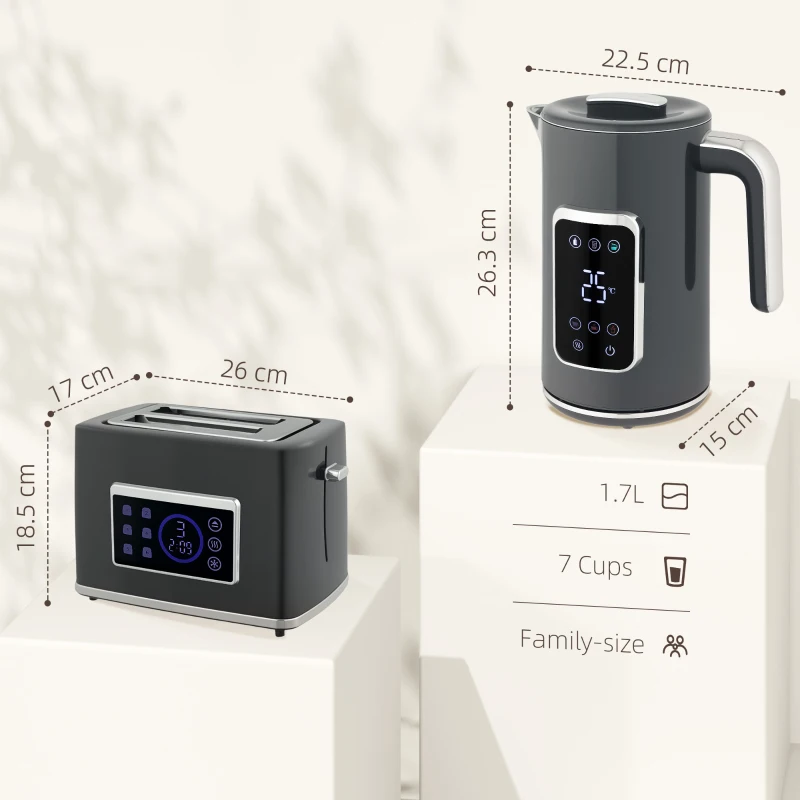 HOMCOM Touch Screen Kettle and Toaster Set - Grey