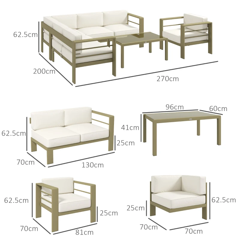 Outsunny 5-Piece Garden Corner Sofa Set with Cushions, 6 Seater Aluminium Garden Furniture Set with Glass Top Coffee Table, Patio Sectional Conservatory Furniture for Patio & Terrace, Gold Tone