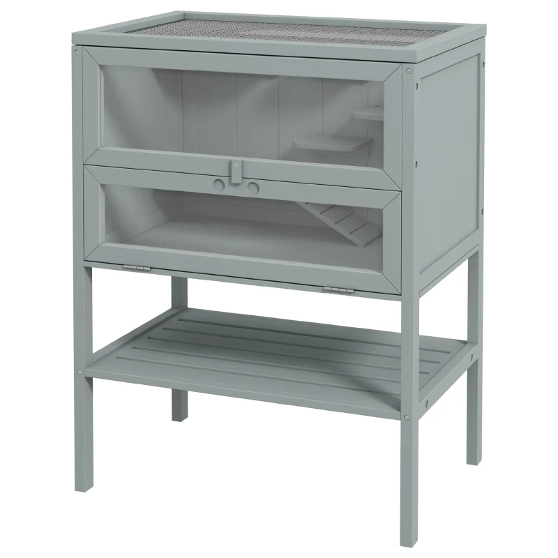 PawHut Wooden Hamster Cage 3 Tier House w/ Storage Shelf, Openable Top for Gerbils, Grey