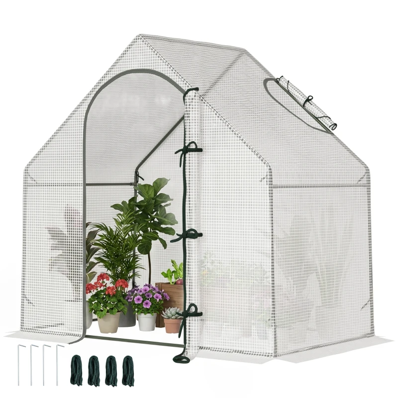 Outsunny Walk In Tomato Greenhouse Garden Outdoor Mini Greenhouse Flower Planter Steel Frame with Zipped Door & Window, PE Cover, 180 x 100 x 168CM,  White