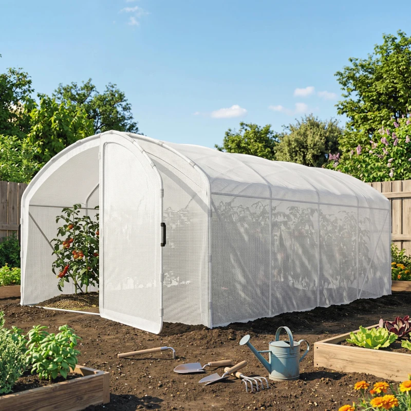 Outsunny Polytunnel Greenhouse Walk-in Grow House with UV-resistant PE Cover, Door, Galvanised Steel Frame, 4 x 3 x 2m, White