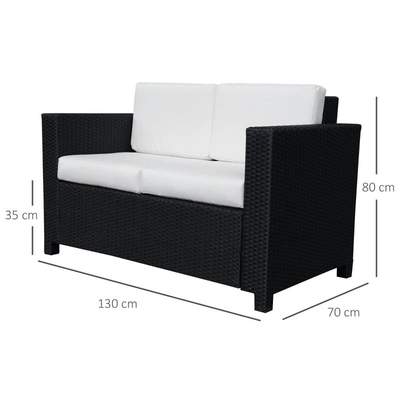 Outsunny Rattan Sofa, 2 Seater Garden Furniture with Soft Padded Cushion and Armrests, Wicker Garden Loveseat for Patio, Black