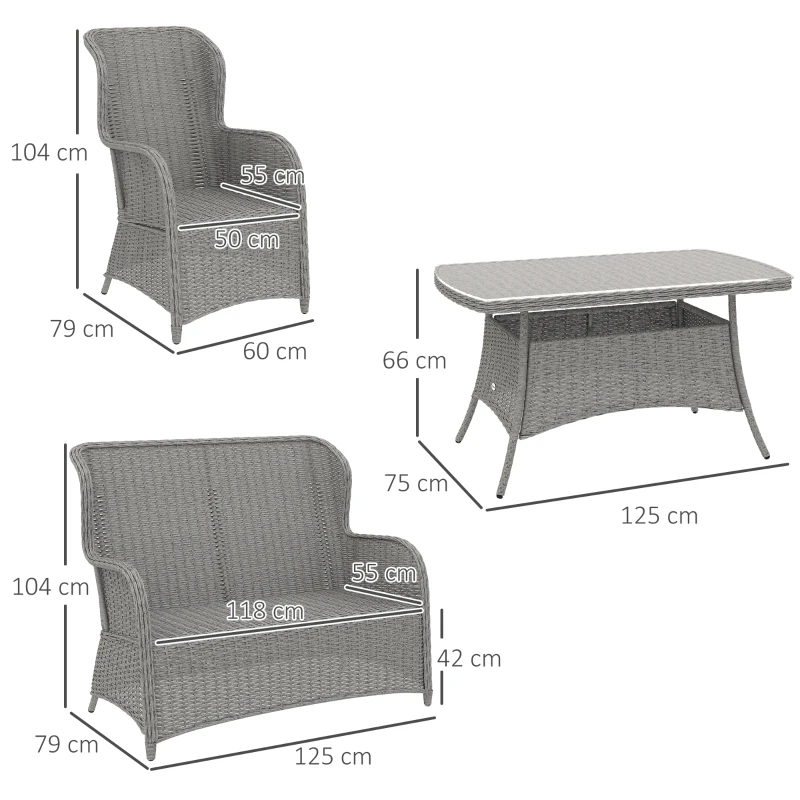 Outsunny Garden PE Rattan Dining Sofa Set, Outdoor 4 Seater Wicker Furniture, High Back Chairs with Cushions, Tempered Glass Coffee Table for Patio, Light Grey
