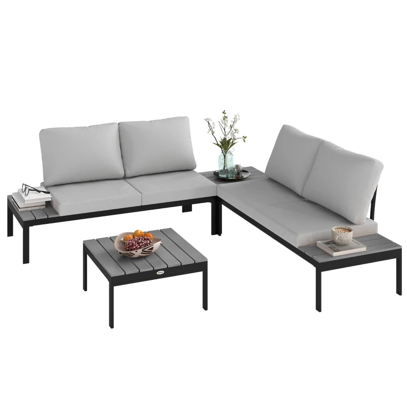 Outsunny Four-Piece Garden Corner Sofa Set with 2 Loveseats and 2 Coffee Tables - Grey
