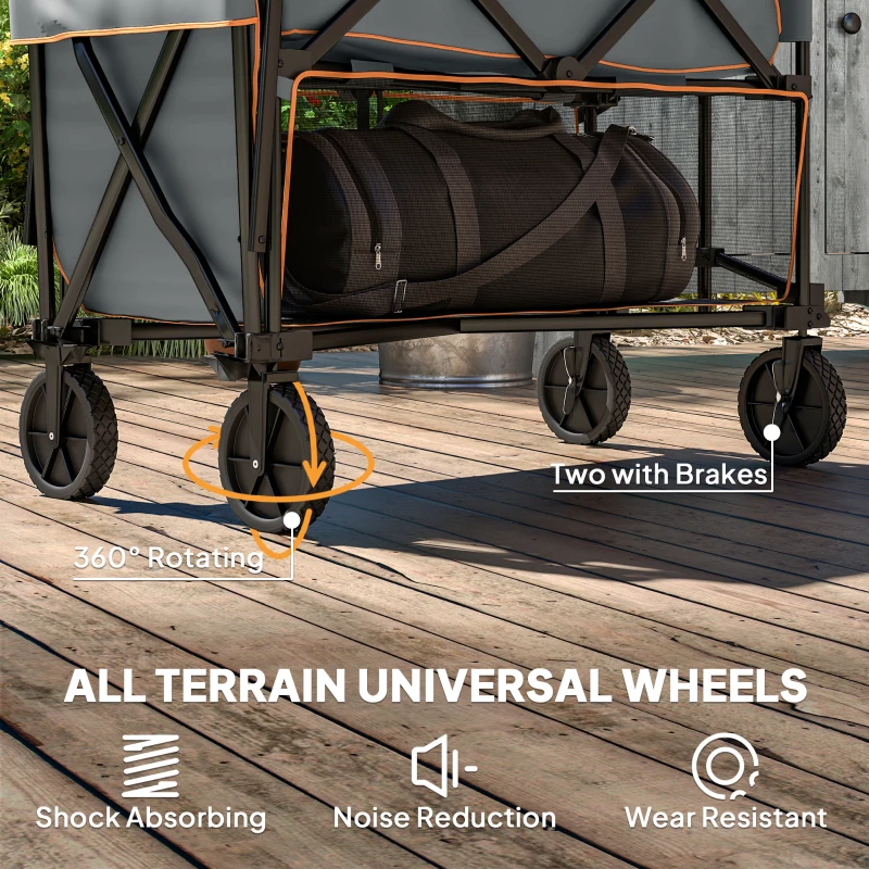 Outsunny Double Decker Folding Festival Trolley on Wheels, 200KG & 350L Capacity Collapsible Wagon Festival Trolley Cart with 134cm Extended for Camping Sports Shopping Garden and Beach, Grey