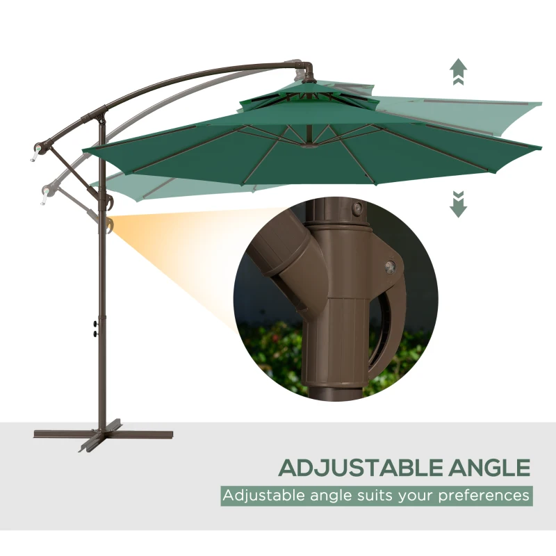 Outsunny 2.7m Garden Banana Parasol Cantilever Umbrella with Crank Handle, Double Tier Canopy and Cross Base for Outdoor, Hanging Sun Shade, Green