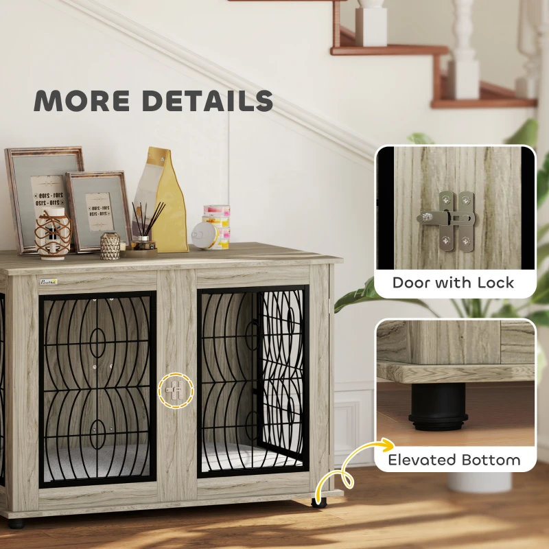 PawHut Indoor Dog Crate Furniture End Table with Soft Washable Cushion, Lockable Front Door, for Extra Large Dogs - Grey