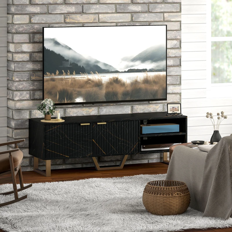 HOMCOM Marble Effect TV Unit, TV Stand Cabinet for up to 70" TVs, Modern TV Cabinet with Shelves and Storage Cupboard, Fluted Door, Extra Centre Leg, Cable Management for Living Room, Black