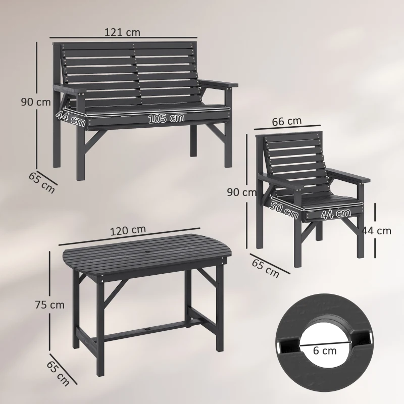 Outsunny 5 Piece Wooden Garden Dining Set for 6, Outdoor Conversation Set with 2 Armchairs, 2 Loveseats and Dining Table with Umbrella Hole for Patio, Balcony, Grey