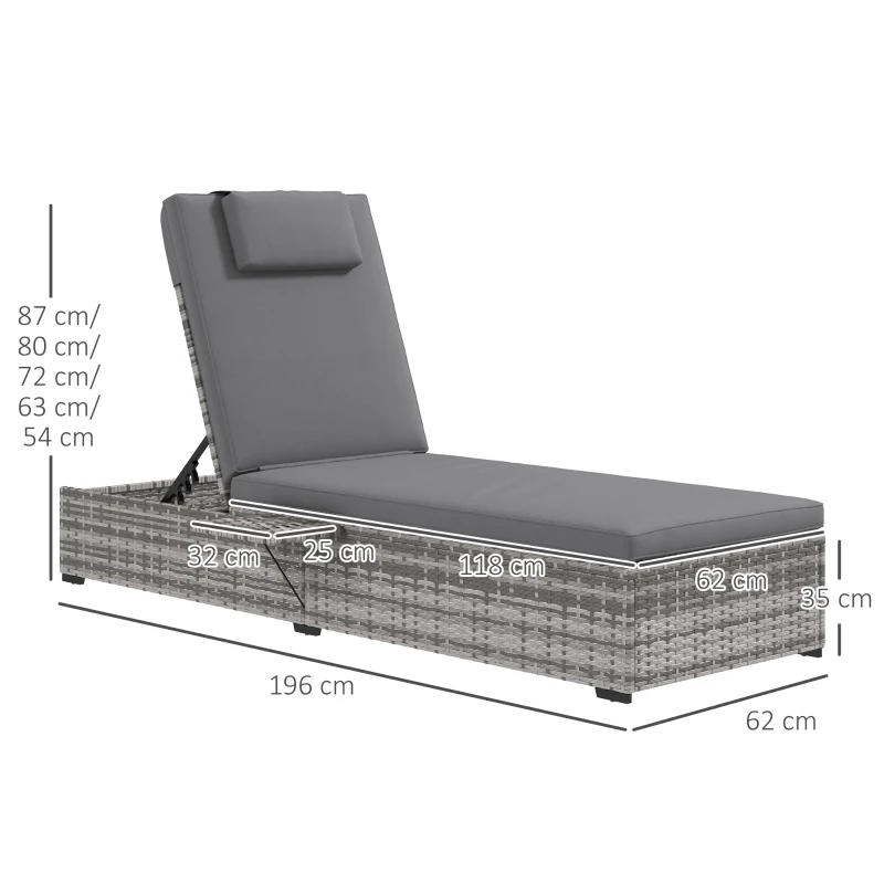Outsunny Rattan Sun Lounger, 5-Level Reclining PE Wicker Outdoor Patio Lounger with Tea Tray and Cushion, Reclining Garden Chair for Patio, Terrace, 120kg Weight Capacity, Grey