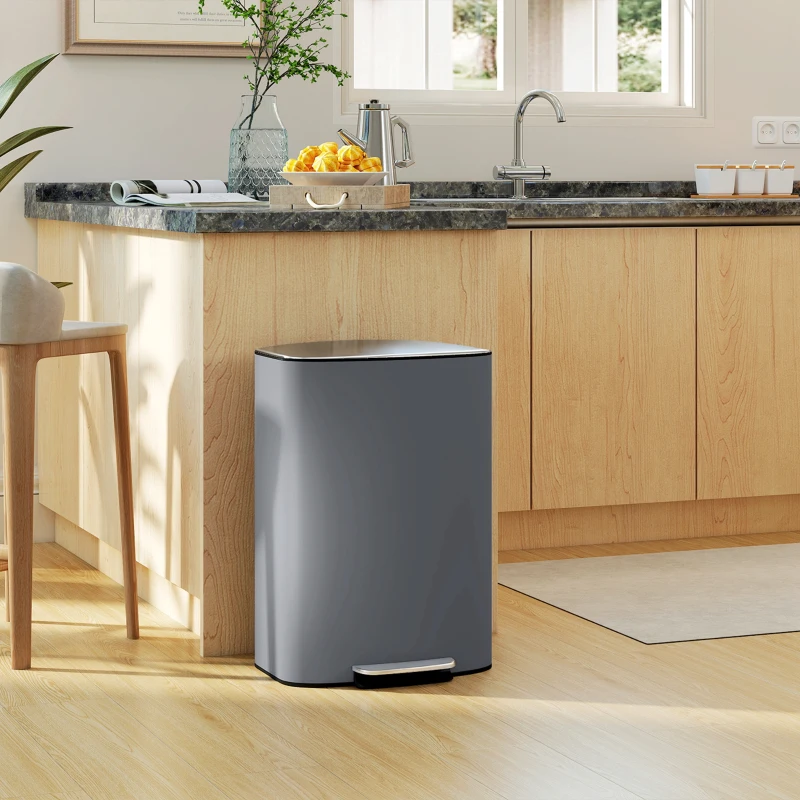HOMCOM 50L Kitchen Bin with Soft-Close Lid and Stay-Open Function, Stainless Steel Pedal Bin with Removable Inner Bucket, Carry Handle for Kitchen, Office, Home, Grey