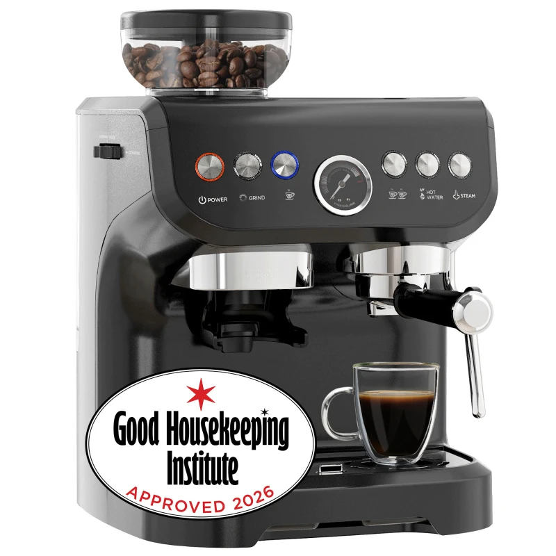 HOMCOM 15 Bar Coffee Machine with Adjustable Grind, Steamer and Accessories, Good Housekeeping Institute Approved, Black